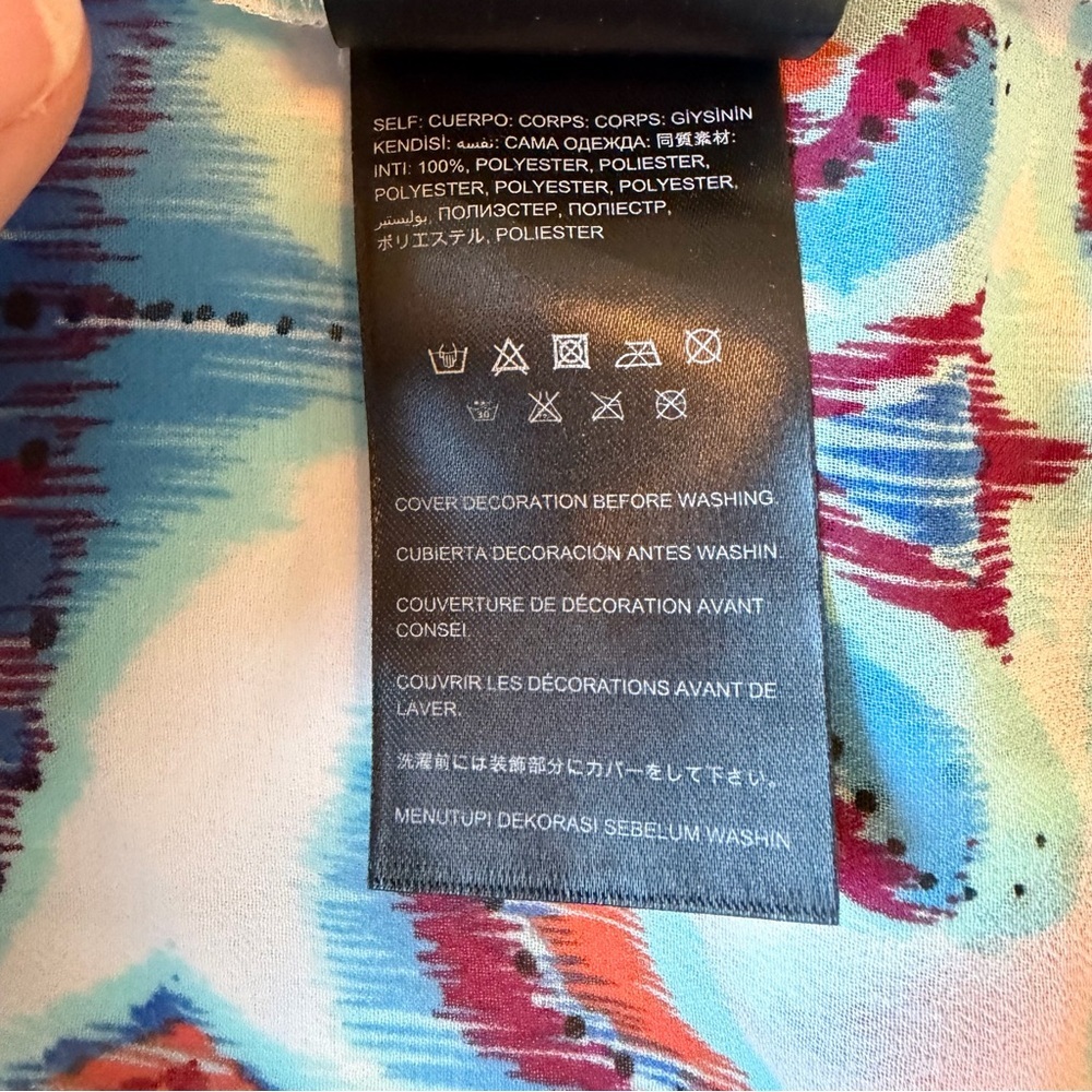 2/$30 bebe Vibrant Blue and Red Print Cardigan Kimono Cover-Up Beaded Detail - Picture 10 of 12